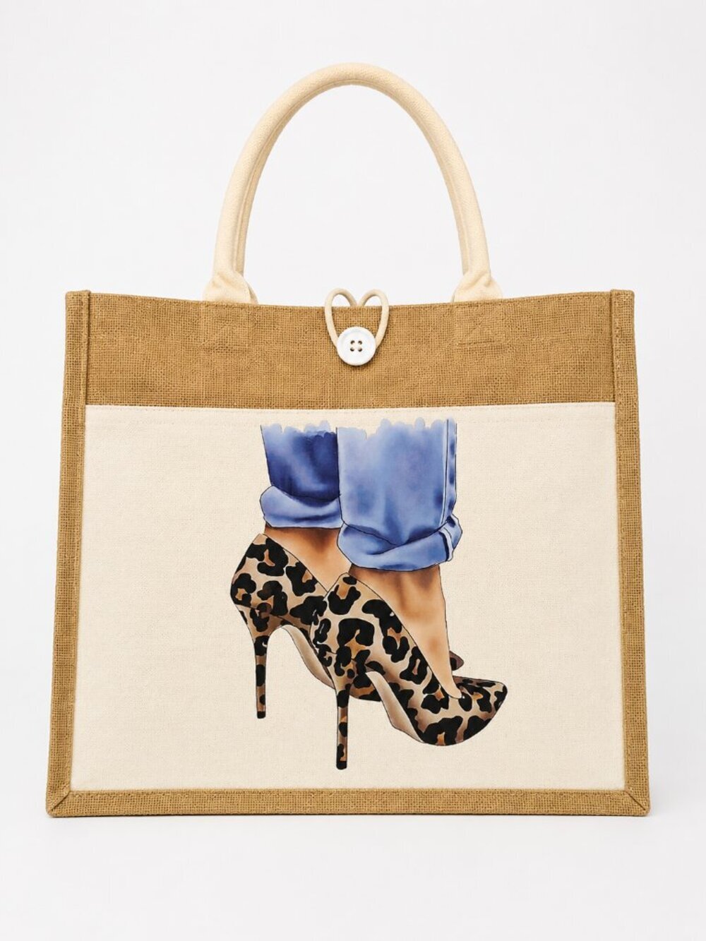 Leopard Heels & Cuffed Jeans Fashion Tote Bag | Jute Canvas